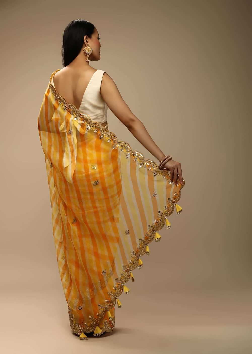 Chrome Yellow Two Toned Saree In Organza With Lehariya Print And Gotta Embroidered Scallop Border