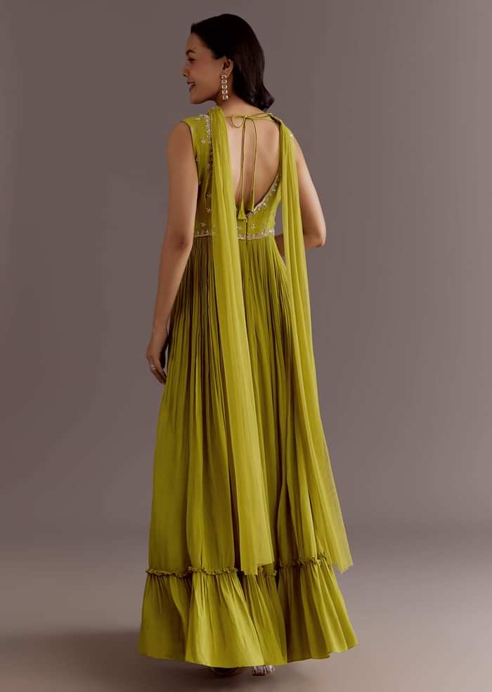 Citrus Green Embroidered Georgette Anarkali With Choker Dupatta