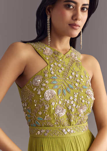 Citrus Green Georgette Jumpsuit With Embroidered Belt