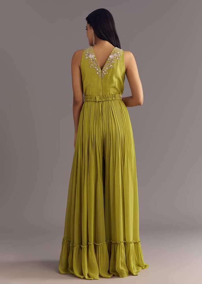 Citrus Green Georgette Jumpsuit With Embroidered Belt