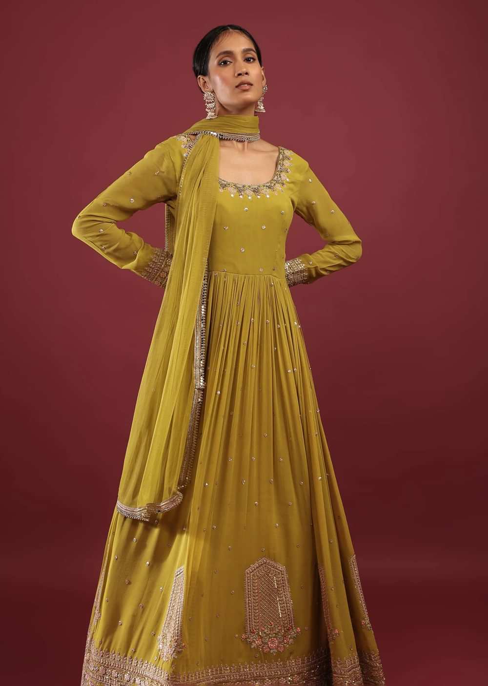 Lime Green Anarkali Suit In Georgette With Multicolored Resham And Zari Embroidered Mughal Design