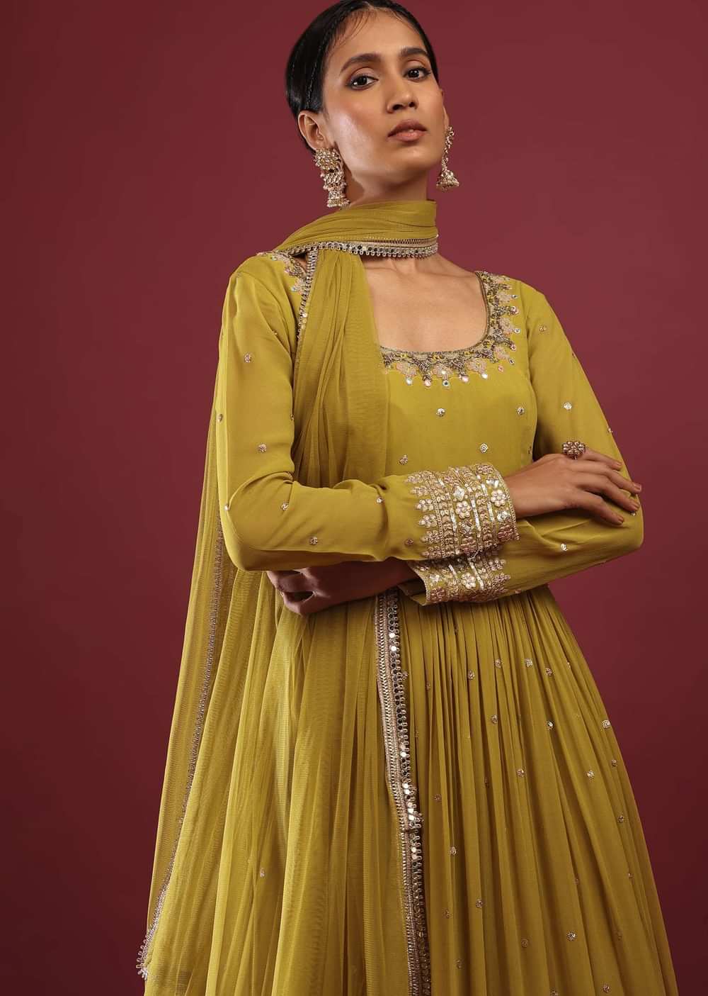 Lime Green Anarkali Suit In Georgette With Multicolored Resham And Zari Embroidered Mughal Design