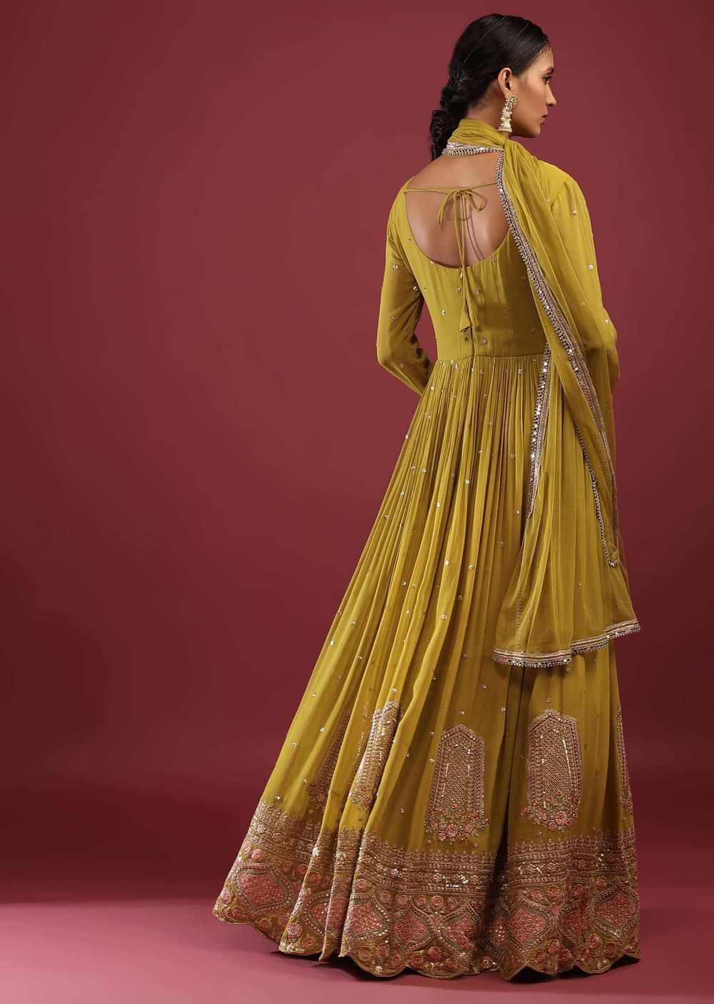 Lime Green Anarkali Suit In Georgette With Multicolored Resham And Zari Embroidered Mughal Design