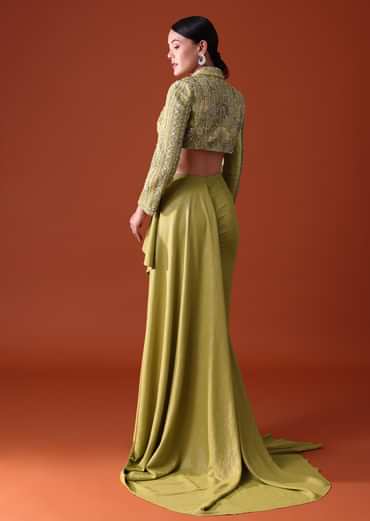 Citrus Green Draped Slit Skirt With Embroidered Short Jacket