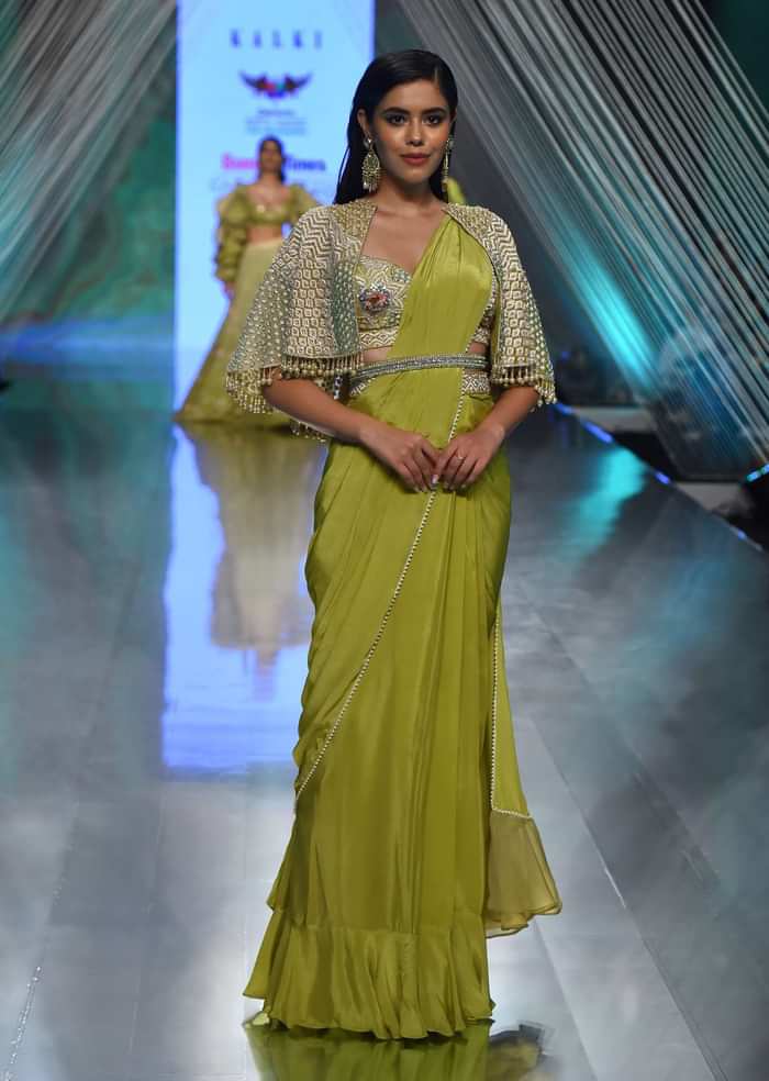 Citrus Green Palazzo Set With A Crop Top In Mirror Work Floral Embroidered Butttis