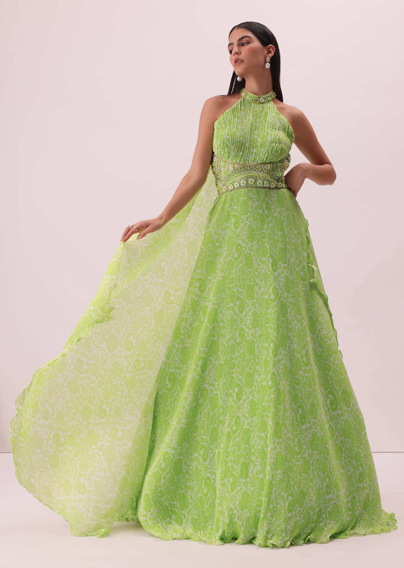 Citrus Green Printed Gown In Georgette With Hand-Embroidery And Back Trails