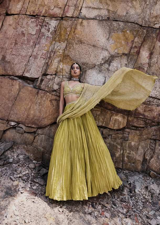 Citrus Green Ruched Lehenga With Blouse And Crush Dupatta