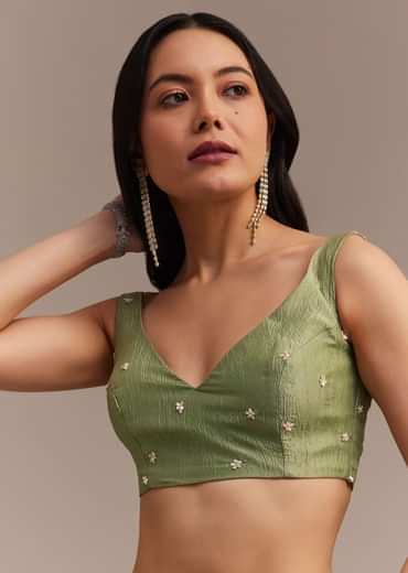 Citrus Green Tissue Organza Saree Embroidered With Cutdana And Beads
