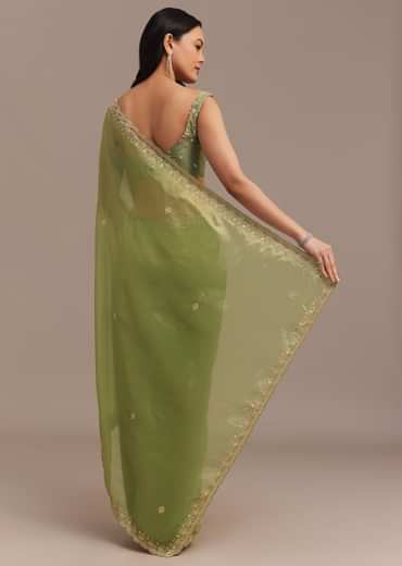 Citrus Green Tissue Organza Saree Embroidered With Cutdana And Beads