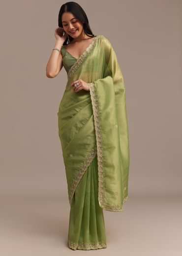Citrus Green Tissue Organza Saree Embroidered With Cutdana And Beads