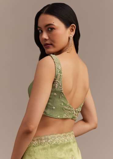 Citrus Green Tissue Organza Saree Embroidered With Cutdana And Beads