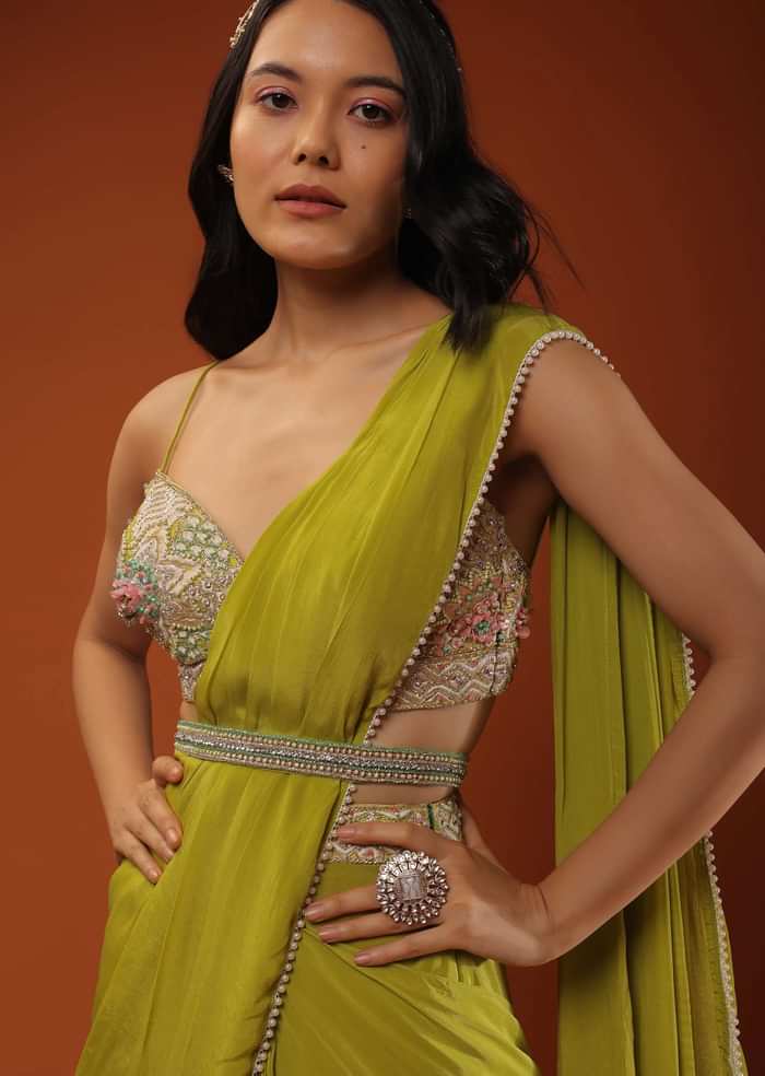 Citrus Green Pre Stitched Crepe Saree with Net Cape and V-Neck Crop Top