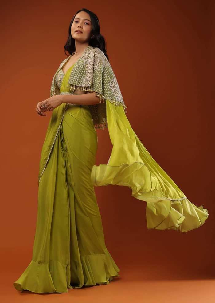 Citrus Green Pre Stitched Crepe Saree with Net Cape and V-Neck Crop Top