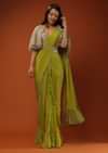 Citrus Green Pre Stitched Crepe Saree with Net Cape and V-Neck Crop Top