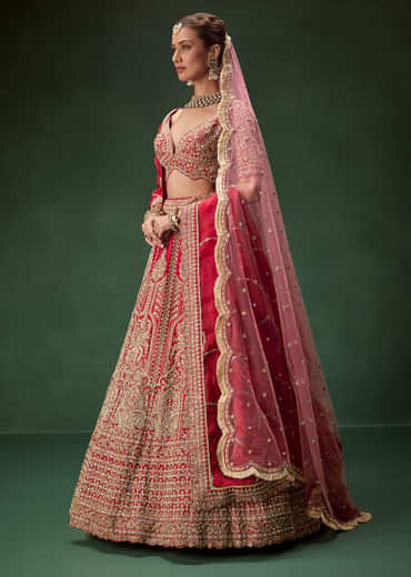 Classic Red Bridal Lehenga With All Over Zari And Dori Embroidery