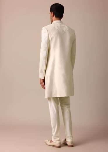 Classic Beige Banarasi Silk Sherwani Set