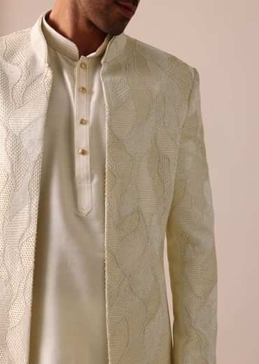 Classic Beige Banarasi Silk Sherwani Set