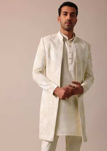Classic Beige Banarasi Silk Sherwani Set