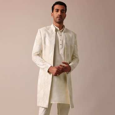 Classic Beige Banarasi Silk Sherwani Set