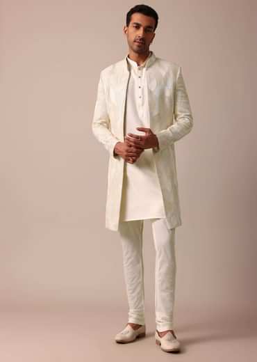 Classic Beige Banarasi Silk Sherwani Set