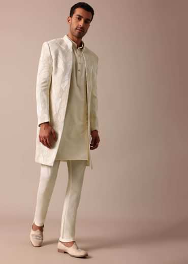 Classic Beige Banarasi Silk Sherwani Set