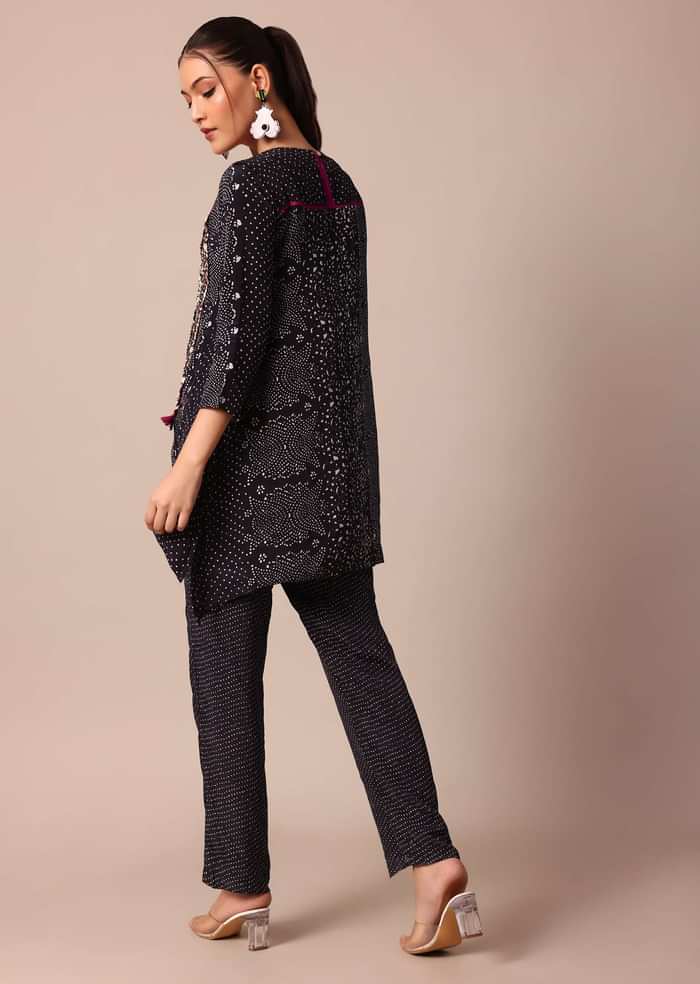 Classic Black Silk Printed Embroidery Kurta Pant Set