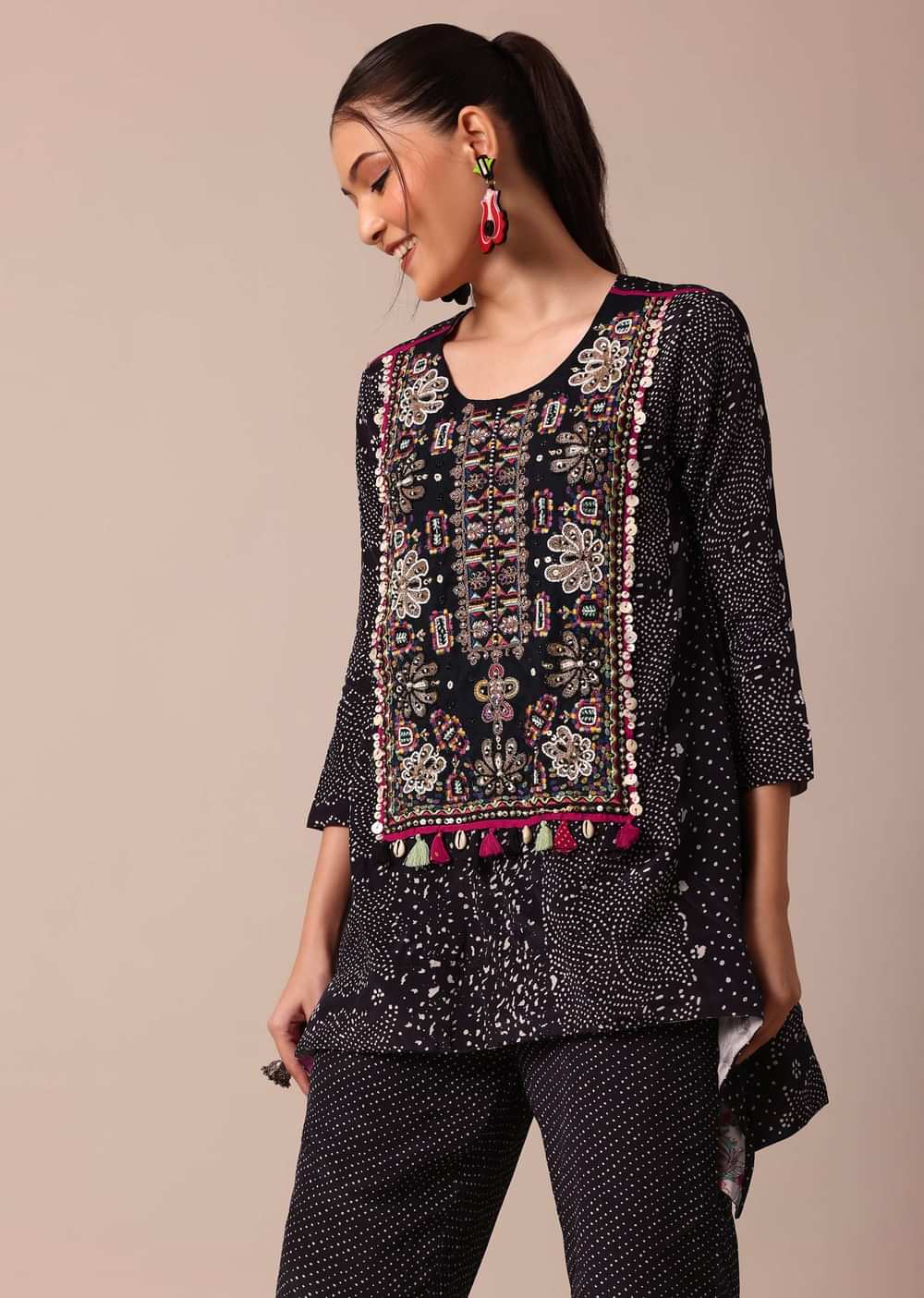 Classic Black Silk Printed Embroidery Kurta Pant Set