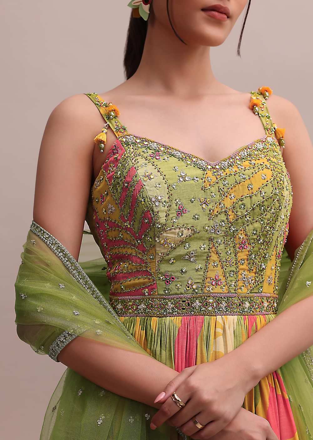 Classic Green Crepe Floor length Embroidered Anarkali With Net Dupatta