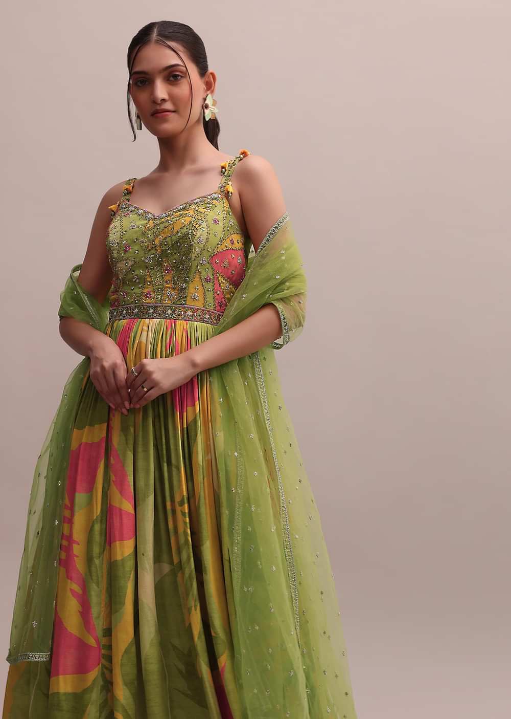 Classic Green Crepe Floor length Embroidered Anarkali With Net Dupatta