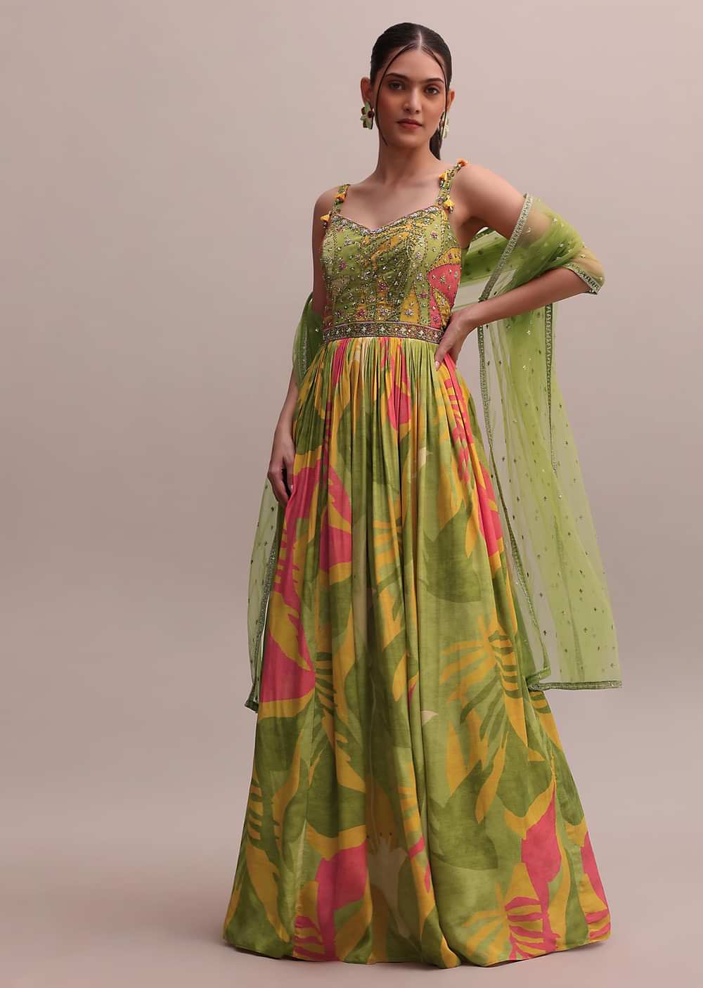 Classic Green Crepe Floor length Embroidered Anarkali With Net Dupatta