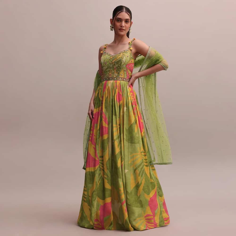Classic Green Crepe Floor length Embroidered Anarkali With Net Dupatta