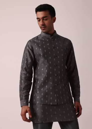 Classic Grey Silk Embroidered Jacket Kurta Set