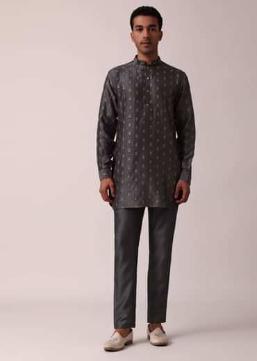 Classic Grey Silk Embroidered Jacket Kurta Set
