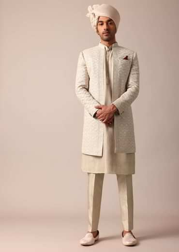 Classic Grey Silk Sherwani Set Classic Grey Silk Sherwani Set