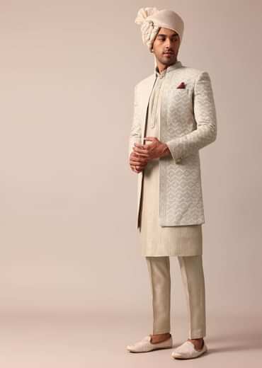 Classic Grey Silk Sherwani Set Classic Grey Silk Sherwani Set