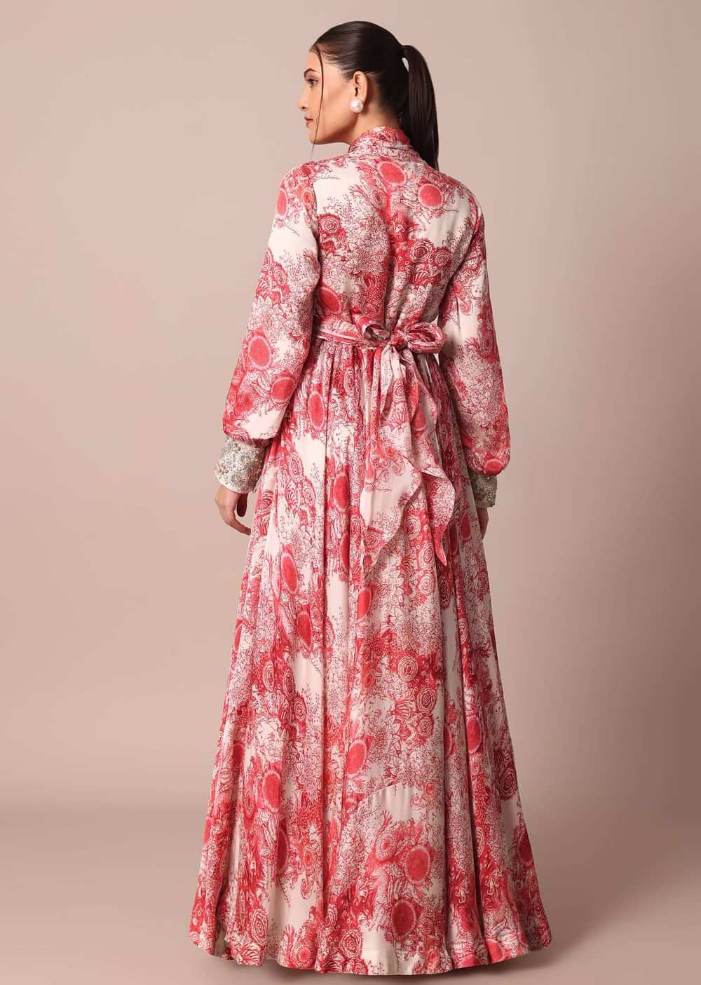 Classic Red Crepe Printed Gown With Embroidered Sleeves
