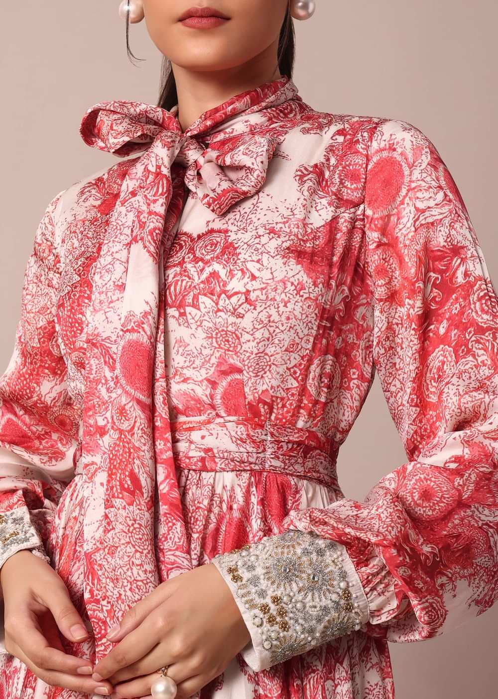 Classic Red Crepe Printed Gown With Embroidered Sleeves