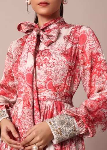 Classic Red Crepe Printed Gown With Embroidered Sleeves