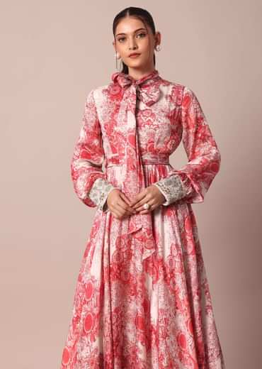 Classic Red Crepe Printed Gown With Embroidered Sleeves