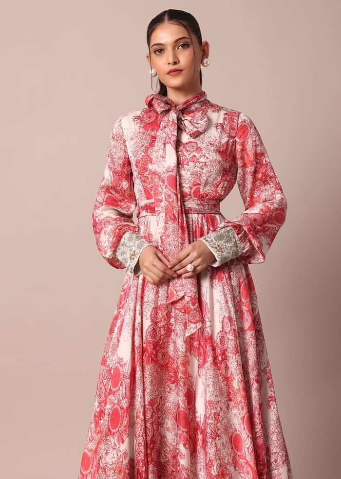 Classic Red Crepe Printed Gown With Embroidered Sleeves