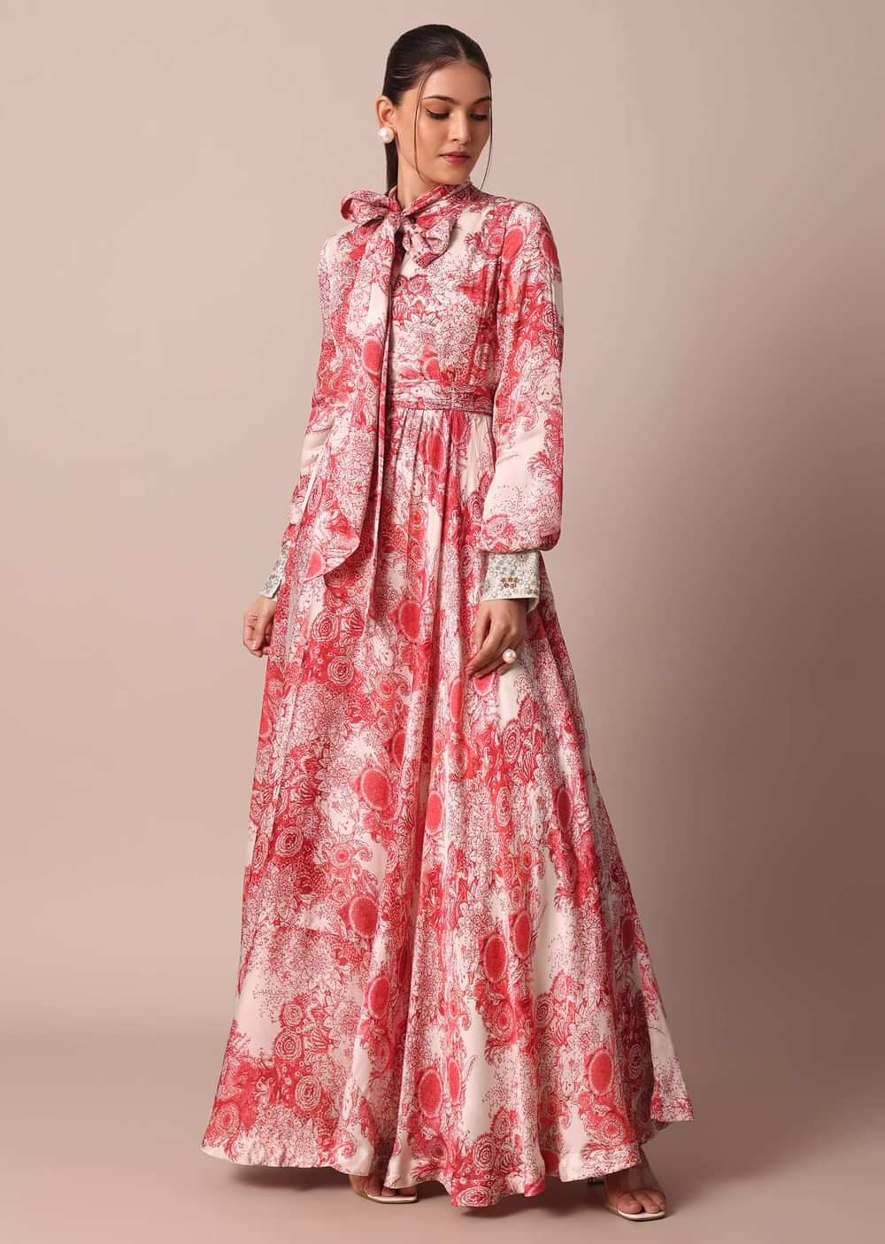 Classic Red Crepe Printed Gown With Embroidered Sleeves