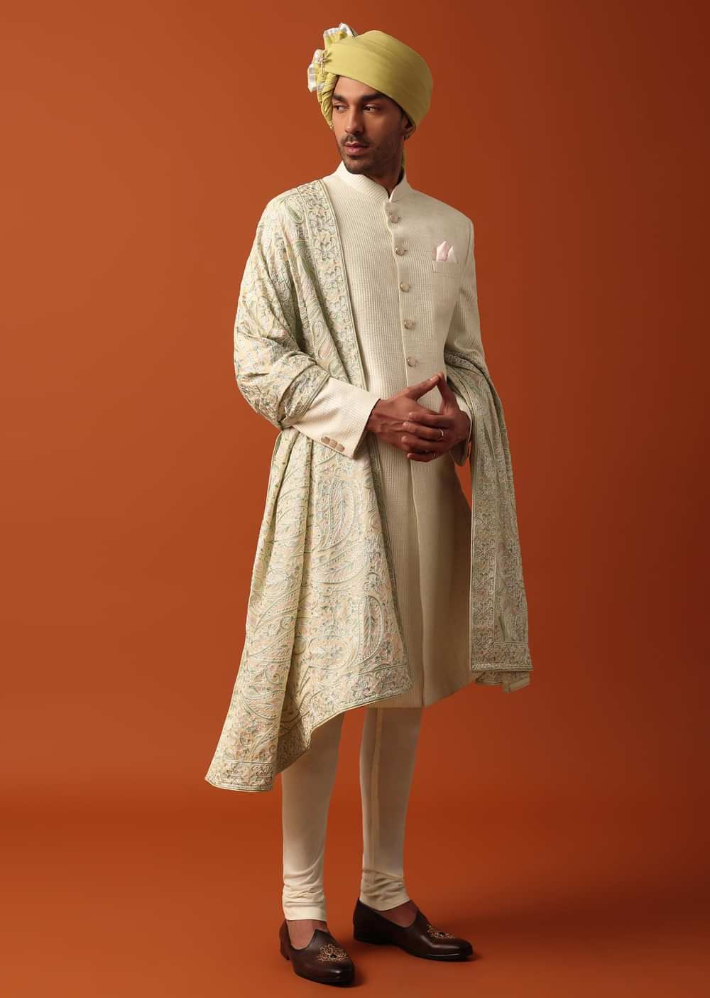 Classic White Neckline Embroidered Sherwani With Pashmina Dupatta