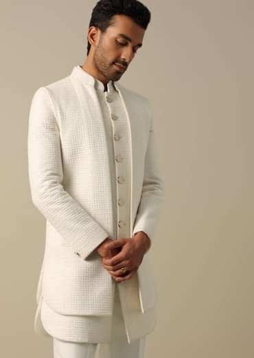 Classic White Textured Indowestern Set