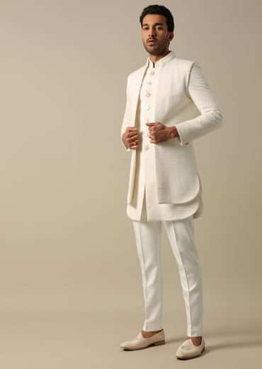 Classic White Textured Indowestern Set