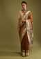 Clay Brown Saree In Tussar Silk With Black And Gold Woven Border And Grey And Gold Stripes On The Pallu