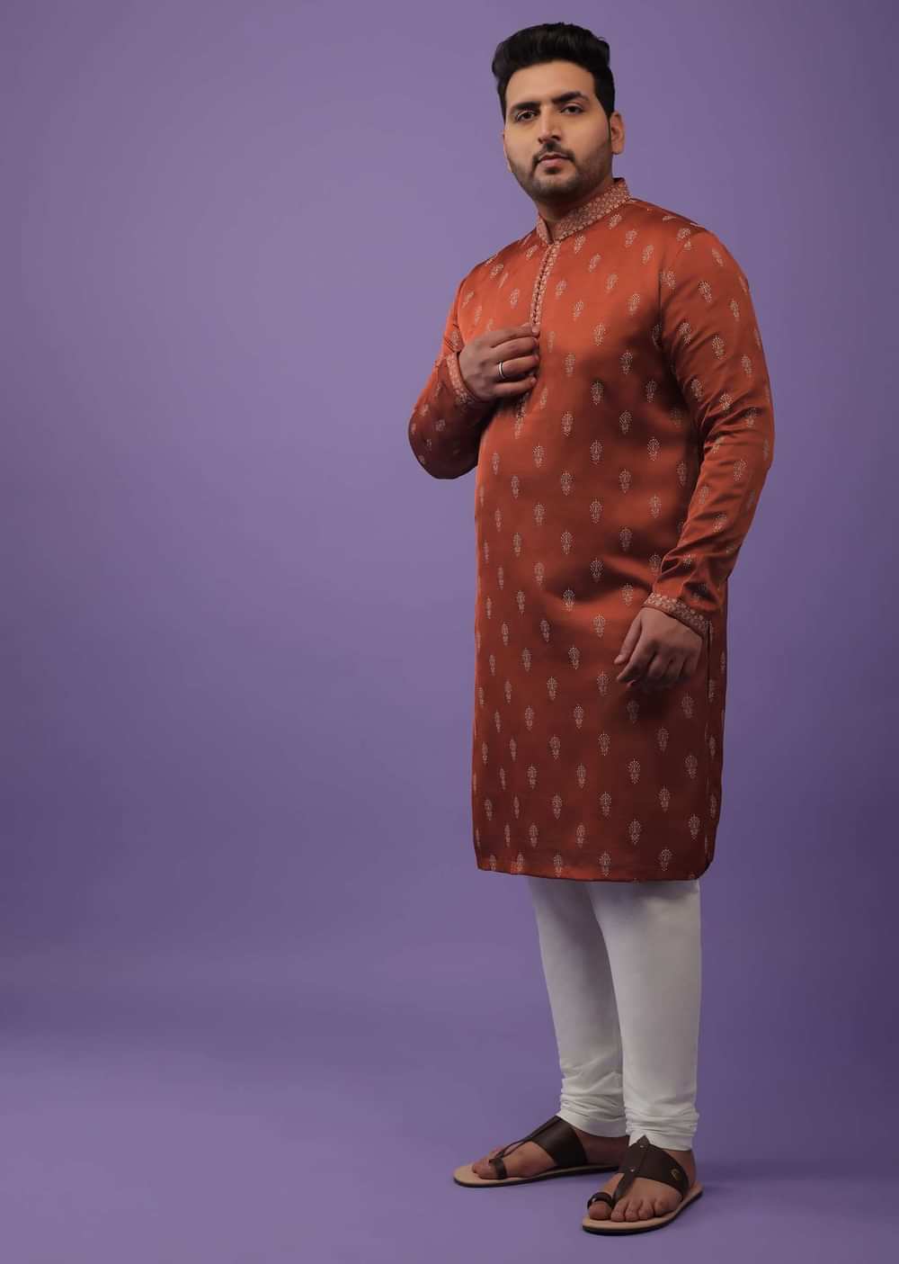 Clay Red Satin Silk Kurta Set Adorned With 3D Printed Buttis