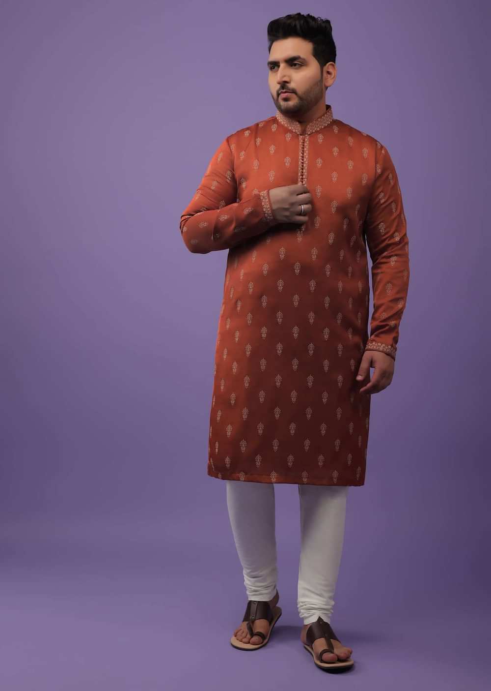 Clay Red Satin Silk Kurta Set Adorned With 3D Printed Buttis