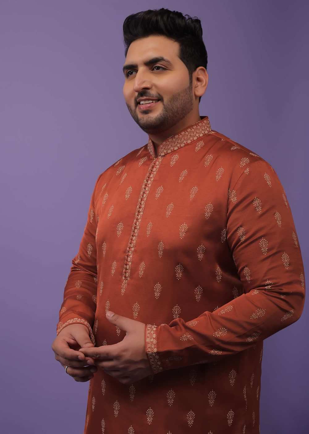 Clay Red Satin Silk Kurta Set Adorned With 3D Printed Buttis