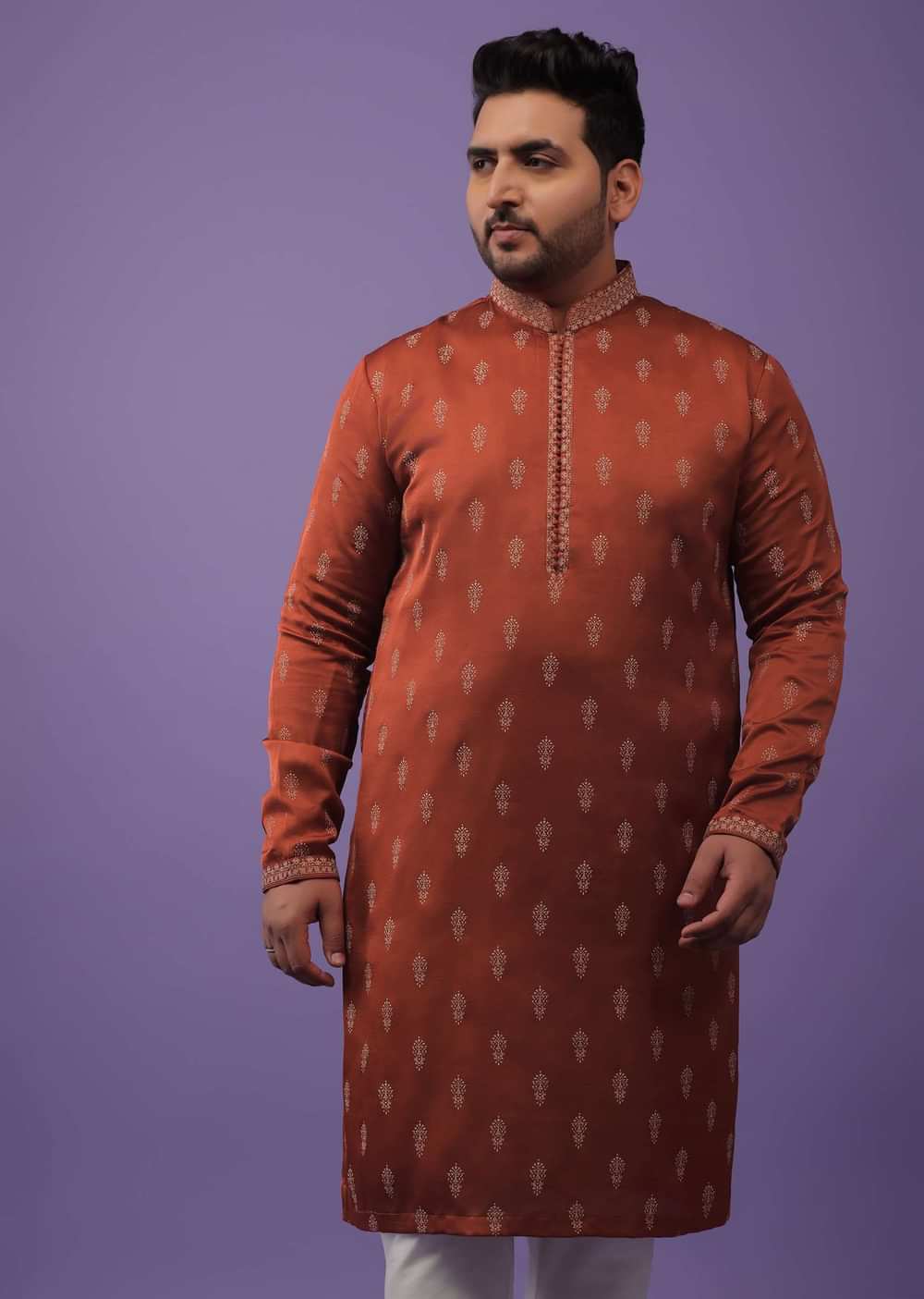 Clay Red Satin Silk Kurta Set Adorned With 3D Printed Buttis