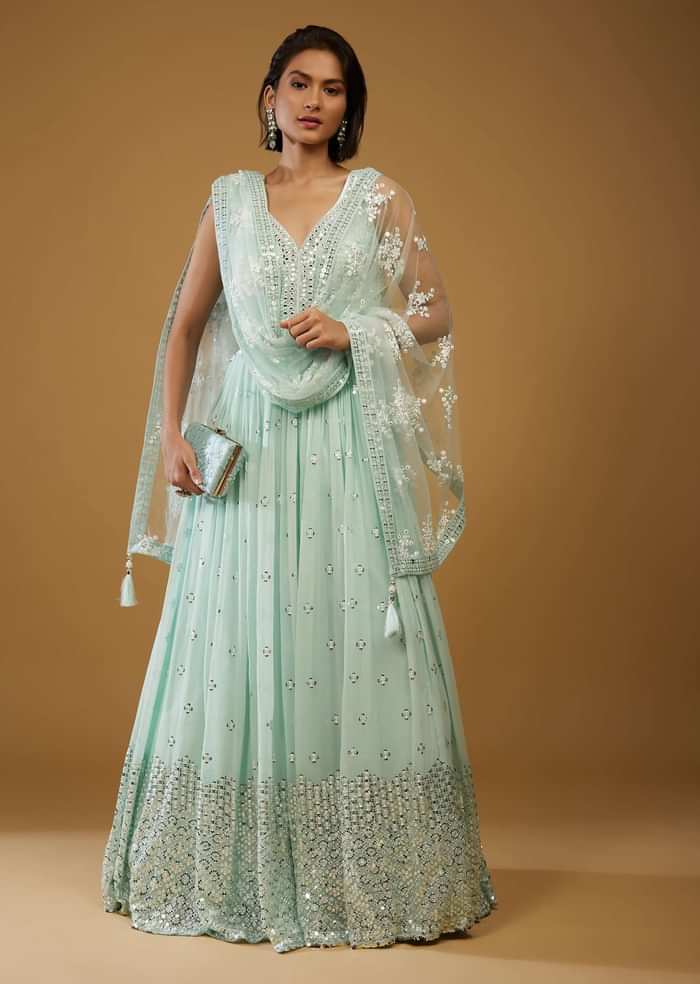 Powder Blue Anarkali Suit With Mirror Embroidery